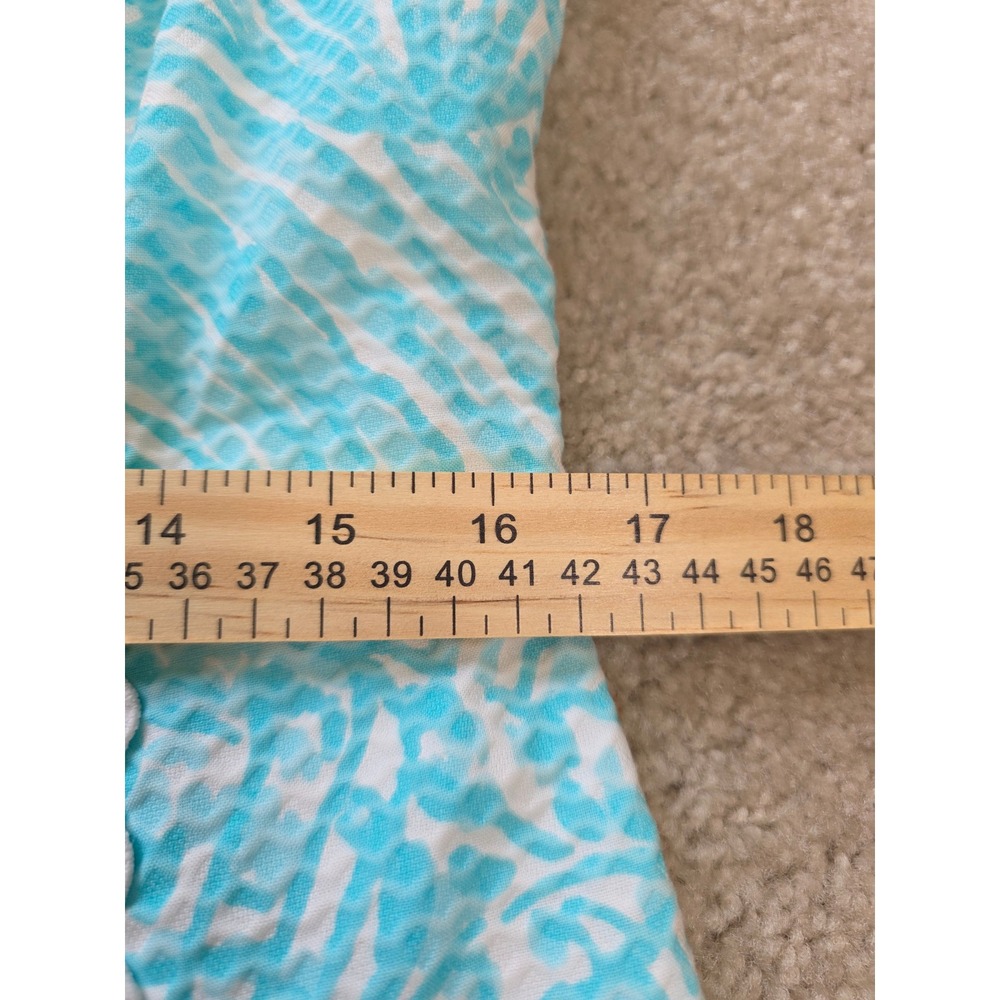 Lilly Pulitzer Turquoise Shell Print Seersucker Shift Dress Crochet Lace Trim 8 - Picture 6 of 12